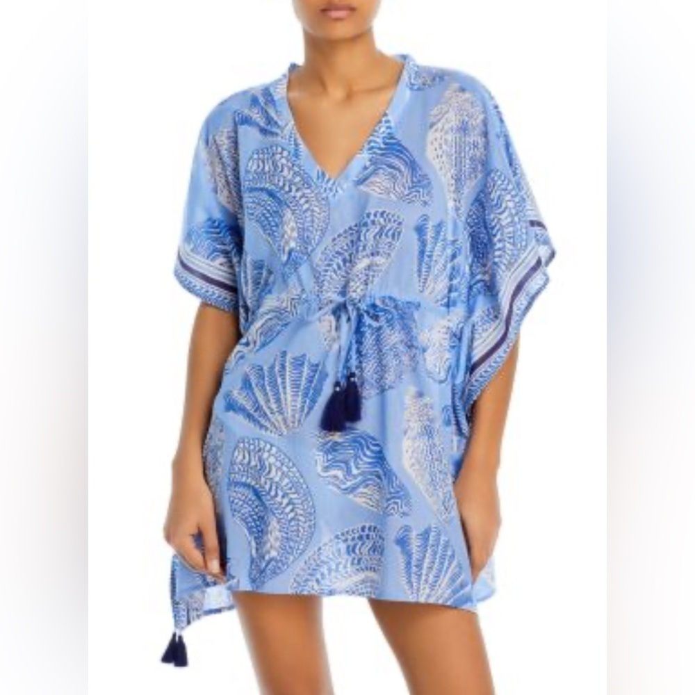 Echo Blue Floral Caftan Swim Cover-Up Cinch Tie Waste Oversized Top Beach Cover